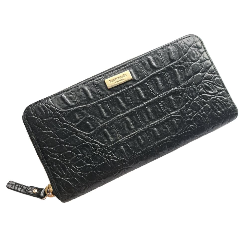 Kate Spade New York Black Croc Embossed Leather Zip Around Neda Wallet